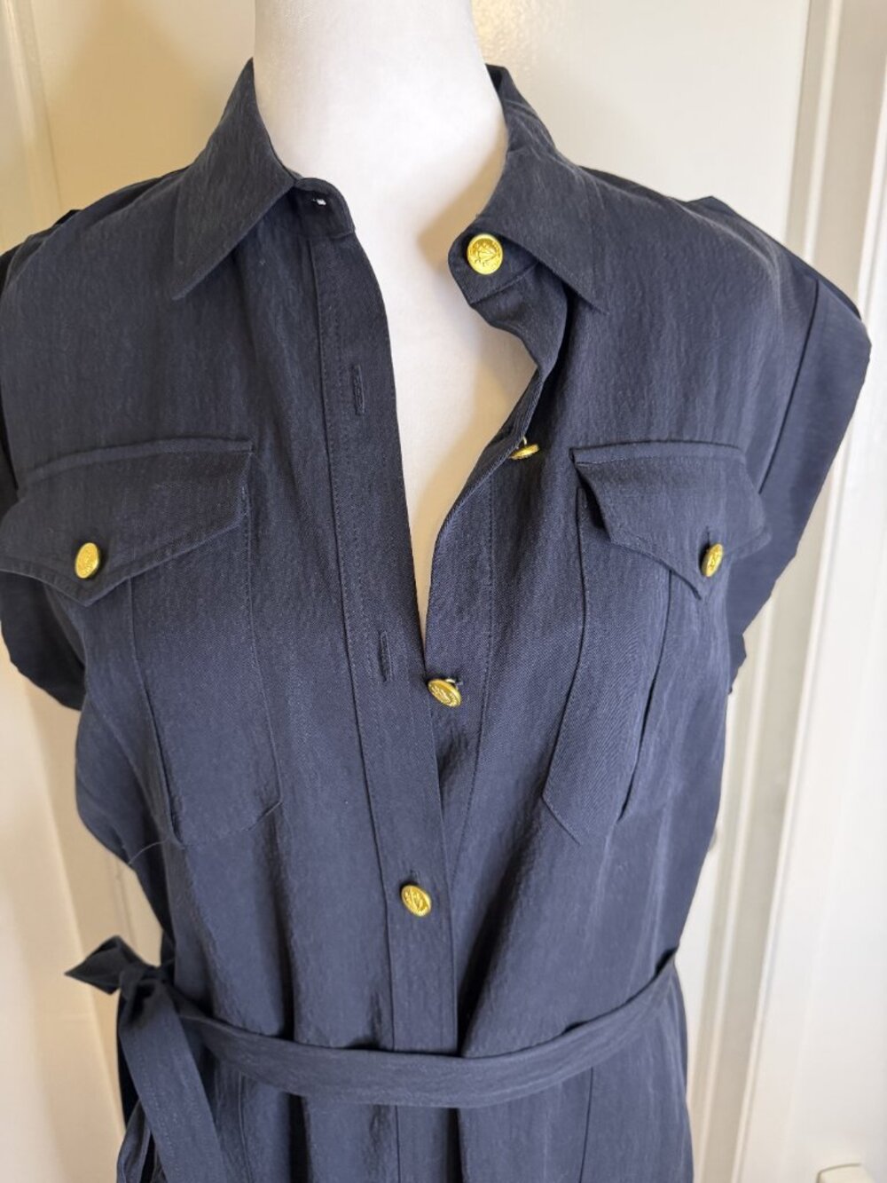 rag & bone Navy Roxanne Sleeveless Shirt Dress Size M | Gold Buttons Belted Midi - Picture 4 of 10